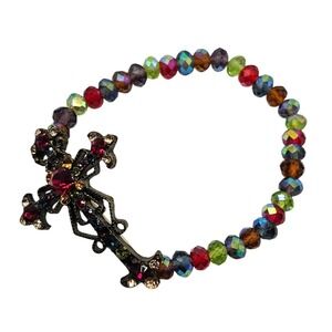 Gun‎ Metal Cross Religious Rainbow Glass Beads Stretchy Faith Christian Bracelet